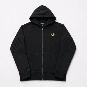 True Religion Hoodie Mens Medium Black Full Zip Big Logo Sweatshirt